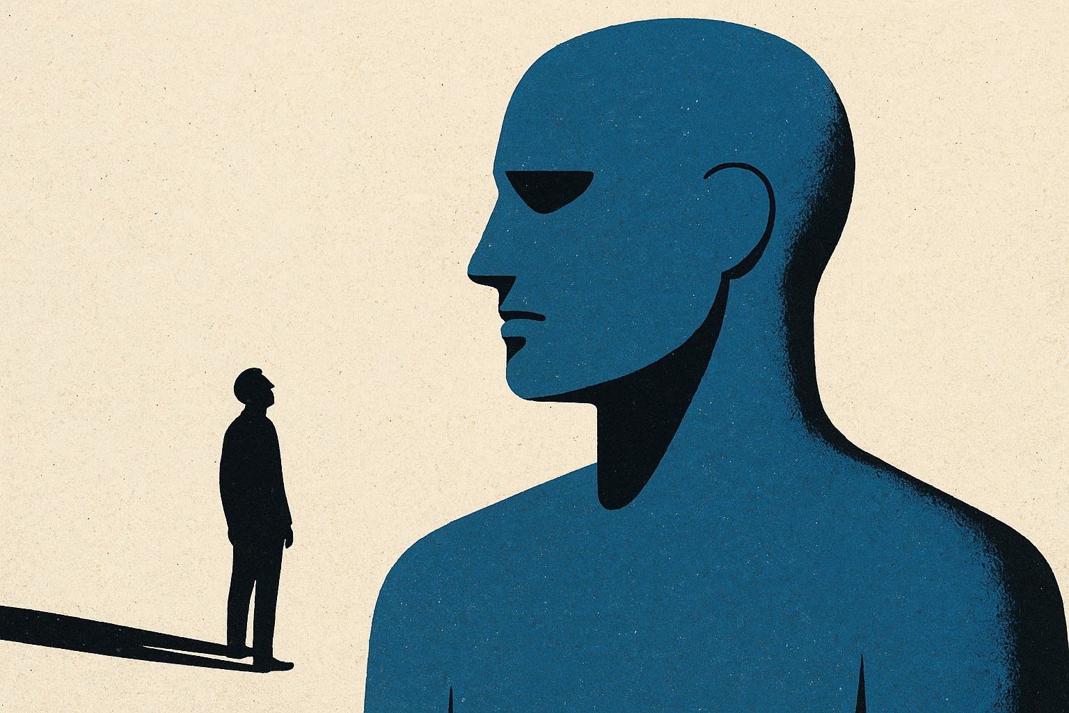 Hombre pequeño observa a una figura azul gigante sin rostro, en una ilustración que representa la creciente irrelevancia humana frente a la inteligencia artificial.