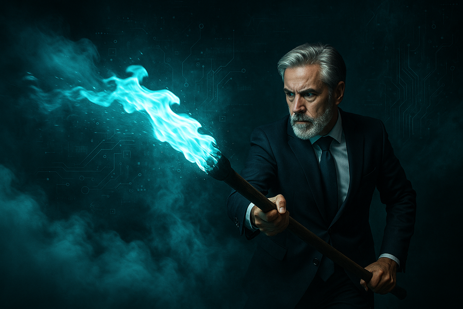 Senior executive holding a glowing turquoise torch, cutting through dense digital fog with abstract tech symbols — representing clarity over AI chaos.